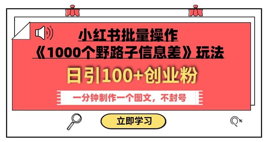 小红书批量操作《1000个野路子信息差》玩法，一分钟制作一个图文，不封号，日引100+创业粉-铜臭网