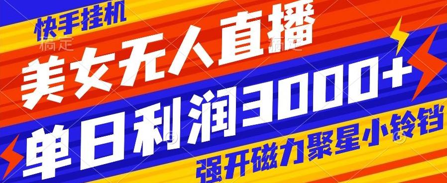 快手挂机，美女无人直播，强开磁力聚星小铃铛，日入3000+-铜臭网