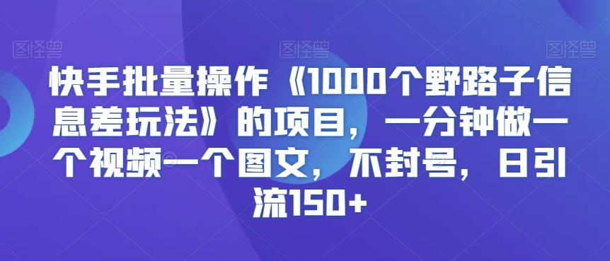 快手批量操作《1000个野路子信息差玩法》的项目，一分钟做一个视频一个图文，不封号，日引流150+【揭秘】-铜臭网