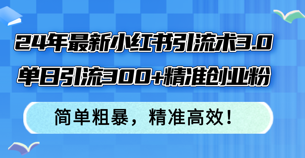 24年最新小红书引流术3.0，单日引流300+精准创业粉，简单粗暴，精准高效！-铜臭网
