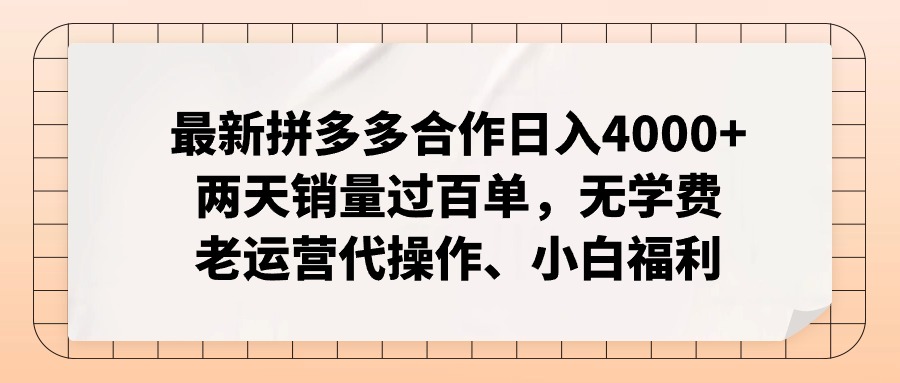 拼多多最新合作日入4000+两天销量过百单，无学费、老运营代操作、小白福利-铜臭网