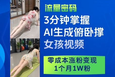 3分钟掌握AI生成俯卧撑女孩视频，零成本涨粉变现，1个月1W粉-铜臭网