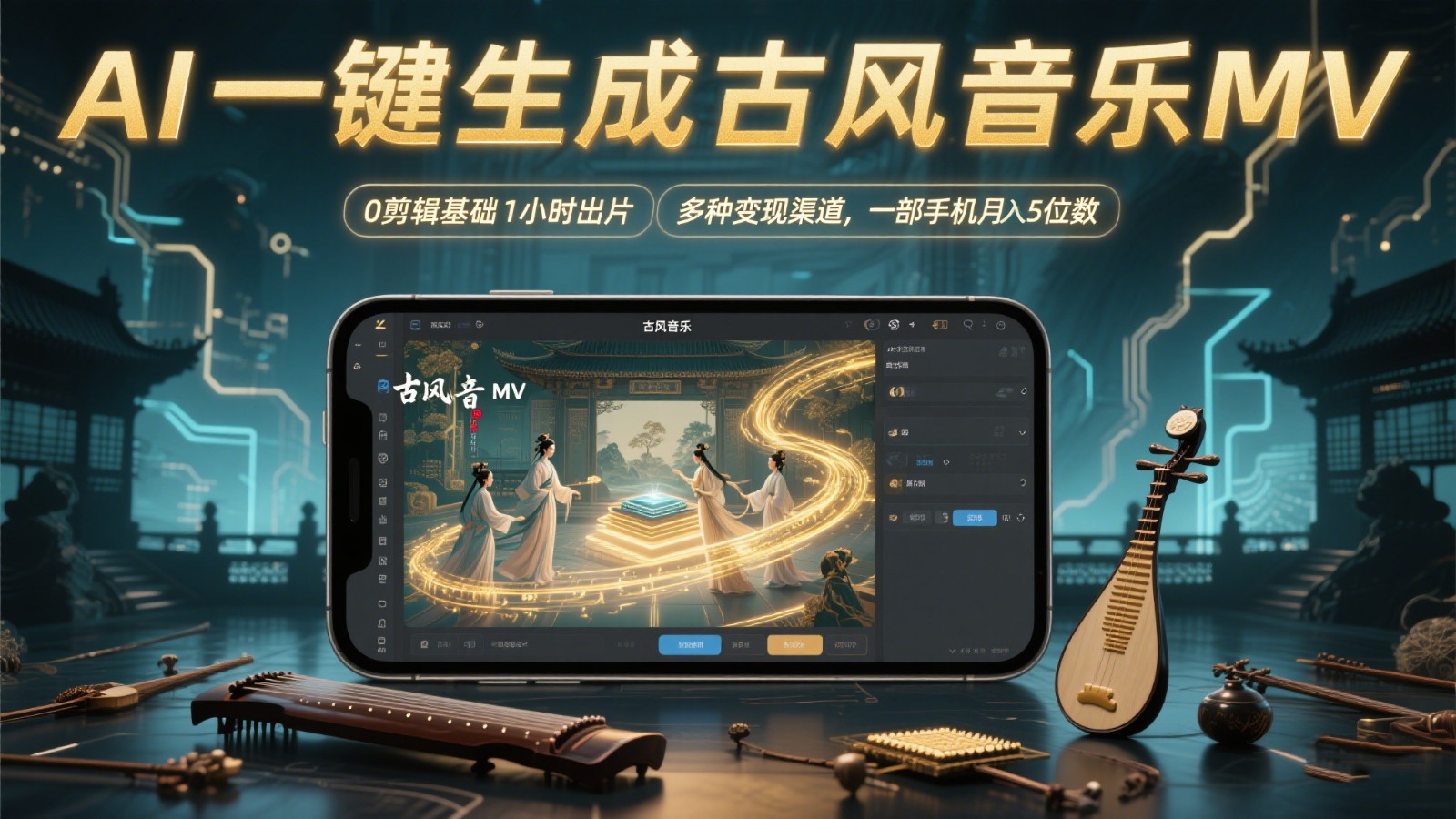 AI一键生成古风音乐MV，0剪辑基础1小时出片，多种变现渠道，一部手机月入5位数-铜臭网