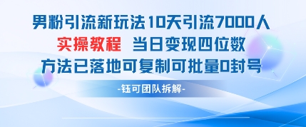 男粉引流新玩法10天引流7000人当日变现四位数可复制可批量0封号-铜臭网