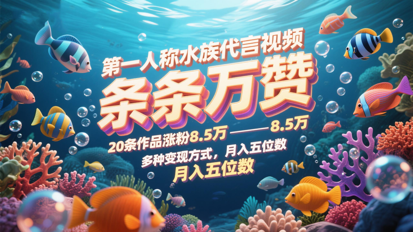 第一人称水族代言视频，条条万赞，20条作品涨粉8.5万，多种变现方式月，入五位数-铜臭网