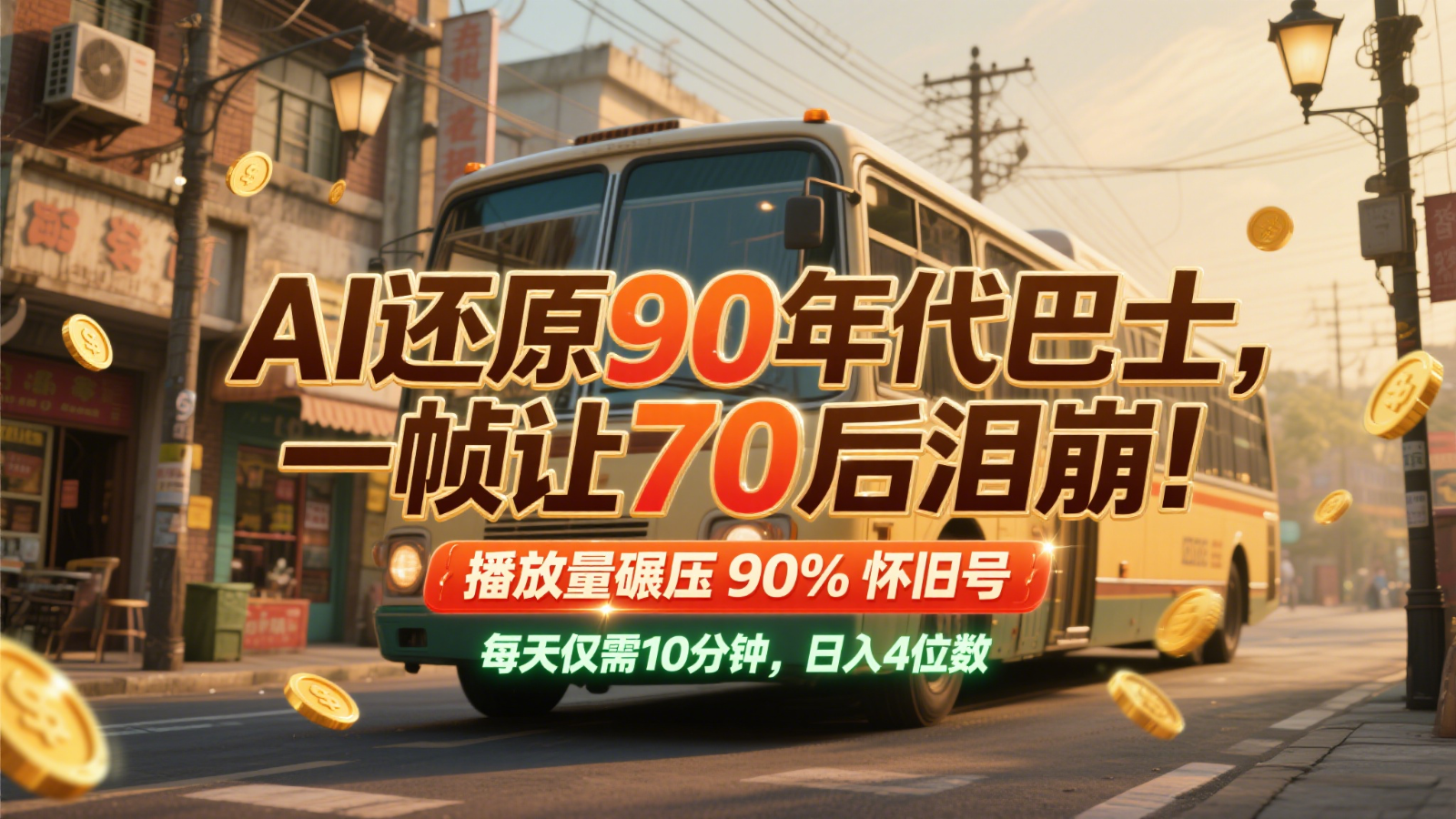 AI还原90年代巴士，一帧让70后泪崩！播放量碾压90%怀旧号，每天10分钟，日入4位数-铜臭网