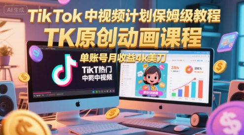 TikTok中视频计划保姆级教程，TK原创动画课程，单账号月收益4k美刀-铜臭网