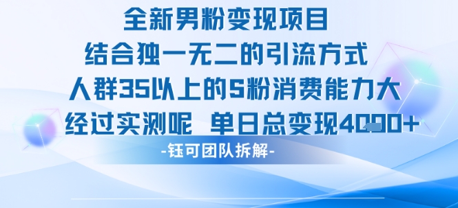 全新男粉变现项目引流人群35以上的男粉消费能力大 经过实测单日变现1k+-铜臭网