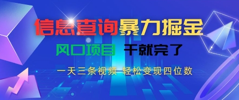 信息查询暴力掘金，一天三条视频，轻松变现四位数，风口项目干就完了【揭秘】-铜臭网