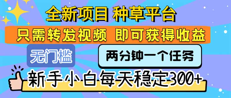 全新项目 种草平台 只需要转发任务视频 即可获得收益 新手小白每天300+-铜臭网