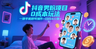 抖音男粉项目0成本玩法，一部手机即可操作，日均4张+，时间自由-铜臭网