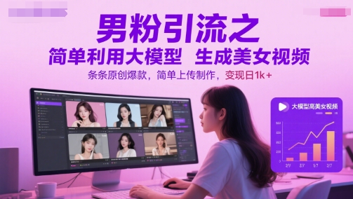 男粉引流之简单利用大模型生成美女视频，条条原创爆款，简单上传制作，变现日1k+-铜臭网