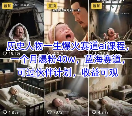 历史人物一生爆火赛道ai课程,一个月爆粉40w,蓝海赛道,可过伙伴计划,收益可观-铜臭网