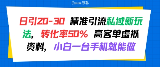 日引 20-30 精准引流私域新玩法，转化率50% 高客单虚拟资料，小白一台手机就能做-铜臭网