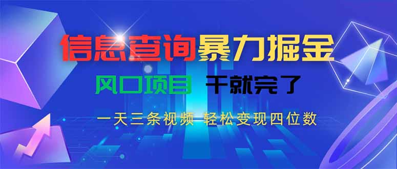 信息查询暴力掘金，一天三条视频 轻松变现四位数，风口项目干就完了-铜臭网