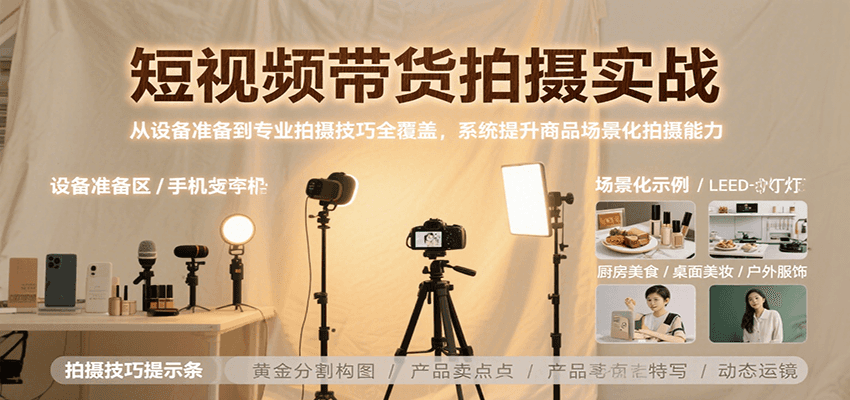 短视频带货拍摄实战，从设备准备到专业拍摄技巧全覆盖，系统提升商品场景化拍摄能力-铜臭网