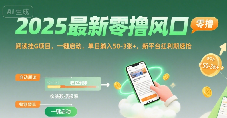 2025最新零撸风口，阅读挂G项目，一键启动，单日躺入 50-3张+，新平台红利期速抢【揭秘】-铜臭网