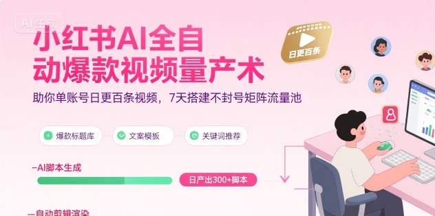 小红书AI全自动爆款视频量产术，助你单账号日更百条视频，7天搭建不封号矩阵流量池-铜臭网
