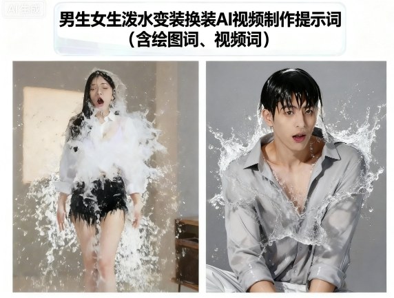 男生女生泼水变装换装AI视频制作提示词(含绘图词、视频词)-铜臭网