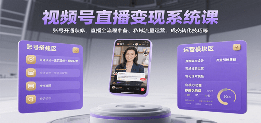 视频号直播变现系统课，账号开通装修、直播全流程准备、私域流量运营、成交转化技巧等-铜臭网