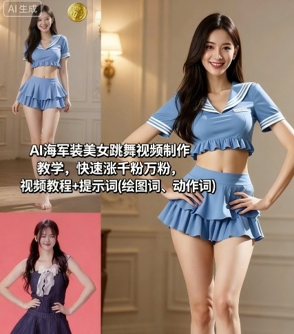 AI海军装美女跳舞视频制作教学，快速涨千粉万粉，视频教程+提示词(绘图词、动作词)-铜臭网