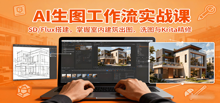 AI生图工作流实战课：SD/Flux搭建，掌握室内建筑出图、洗图与Krita精修-铜臭网