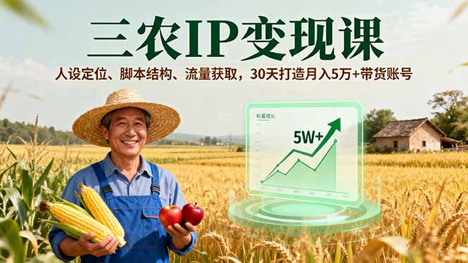 三农IP变现课，人设定位、脚本结构、流量获取，30天打造月入5万+带货账号-铜臭网