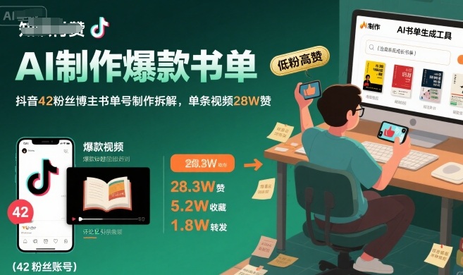 AI制作爆款书单，抖音42粉丝博主书单号制作拆解，单条视频28W赞-铜臭网