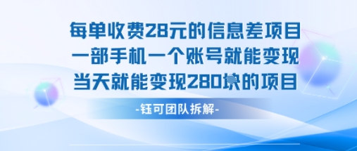 每单收费28米的项目单日能变现280左右 一部手机一个账号就能变现-铜臭网