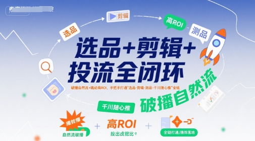 选品+剪辑+投流全闭环，破播自然流+撬动高ROI，手把手打通“选品-剪辑-测品-千川随心推”全链-铜臭网