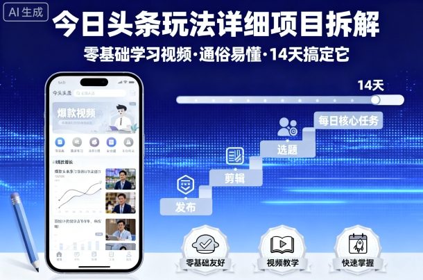 今日头条玩法详细项目拆解，零基础学习视频 通俗易懂 14天搞定它-铜臭网