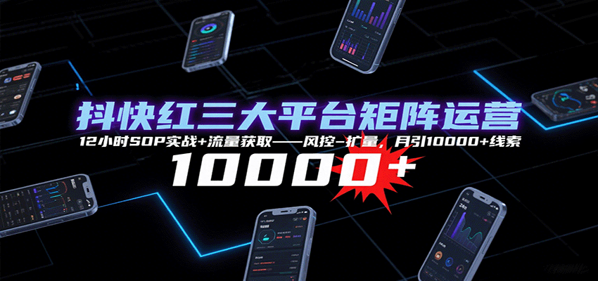 抖快红三大平台矩阵运营，12小时SOP实战+流量获取-风控-扩量，月引10000+线索-铜臭网