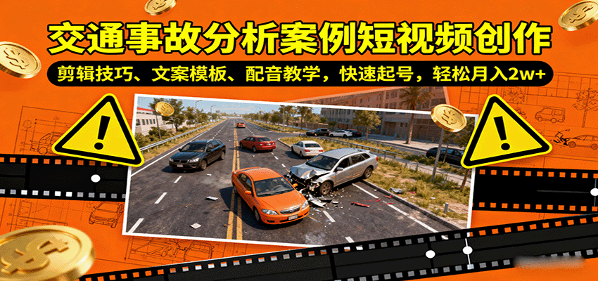 交通事故分析案例短视频创作，剪辑技巧、文案模板、配音教学，快速起号，轻松月入2w+-铜臭网