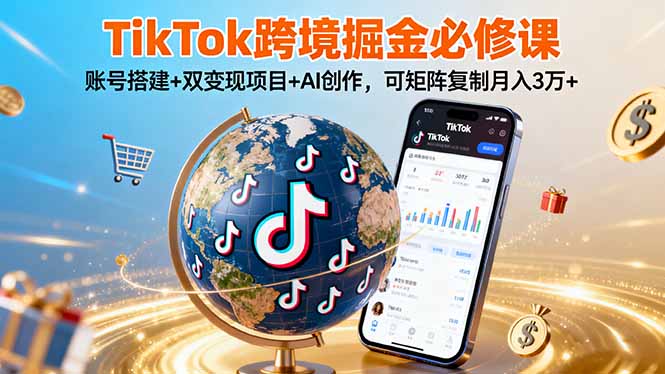 TikTo跨境掘金必修课，账号搭建+双变现项目+AI创作，可矩阵复制月入3万+-铜臭网