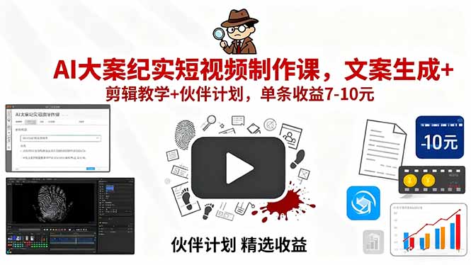 AI大案纪实短视频制作课，文案生成+剪辑教学+伙伴计划，单条收益7-10元-铜臭网