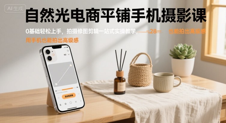自然光电商平铺手机摄影课，0基础轻松上手，拍摄修图剪辑一站式实操教学，用手机也能拍出高级感-铜臭网