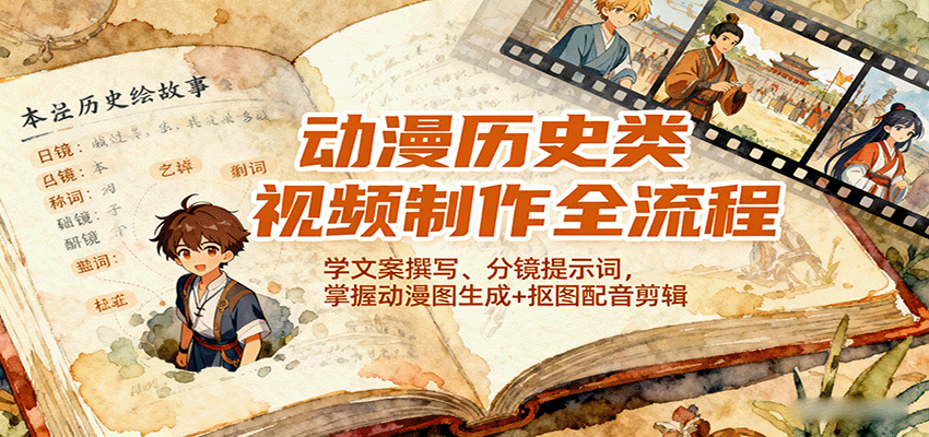 动漫历史类视频制作全流程，学文案撰写、分镜提示词，掌握动漫图生成+抠图配音剪辑-铜臭网
