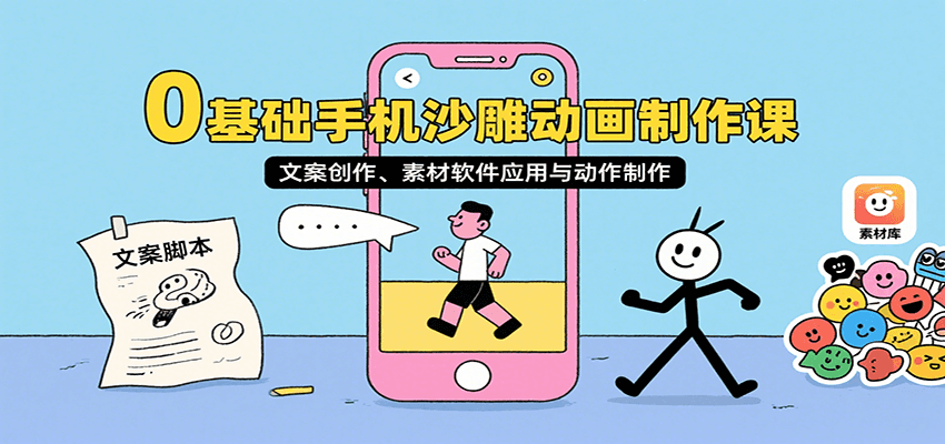 0基础手机沙雕动画制作课，文案创作、素材软件应用与动作制作-铜臭网