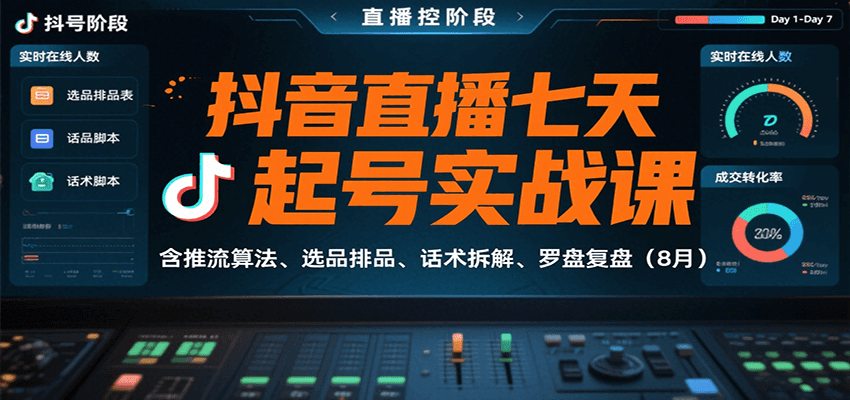 抖音直播七天起号实战课：含推流算法、选品排品、话术拆解、罗盘复盘(8月)-铜臭网