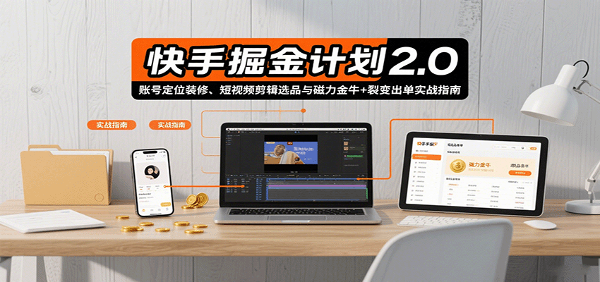 快手掘金计划2.0，账号定位装修、短视频剪辑选品与磁力金牛+裂变出单实战指南-铜臭网