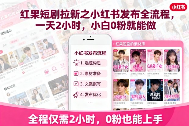 红果短剧拉新之小红书发布全流程，一天2小时，小白0粉就能做-铜臭网