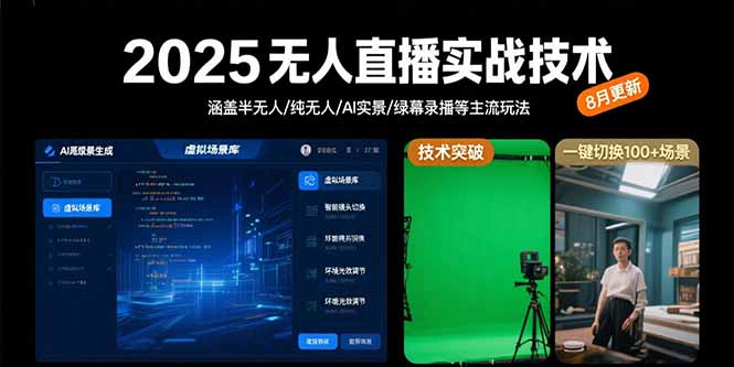 2025无人直播实战技术-8月，涵盖半无人/纯无人/AI实景/绿幕录播等主流玩法-铜臭网