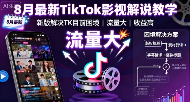 8月最新TikTok影视解说教学，新版解决TK目前困境，流量大，收益高-铜臭网