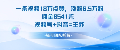 一条视频18W点赞，涨粉6.5W粉佣金8541米，视频号+抖音=王炸-铜臭网