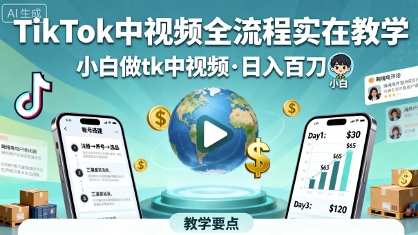 TikTok中视频全流程实操教学，小白做tk中视频，日入百刀-铜臭网