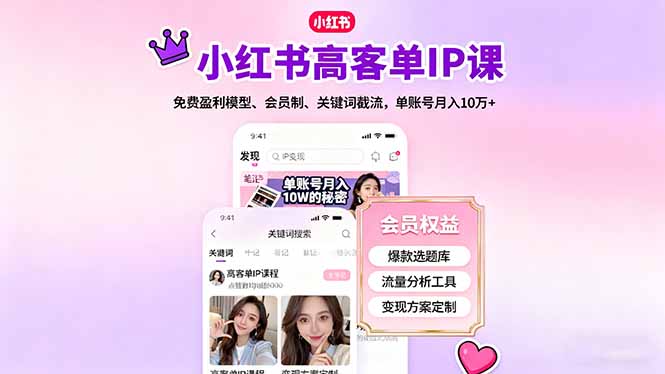 小红书高客单IP课,免费盈利模型、会员制、关键词截流,单账号月入10万+-铜臭网