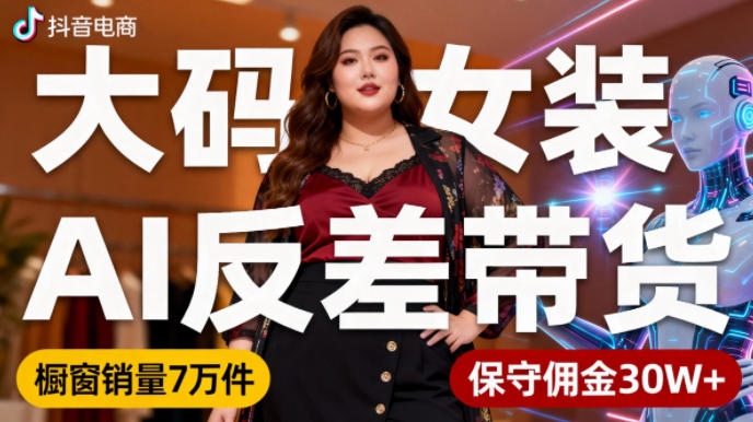 抖音小众赛道，大码女装AI反差带货，不用直播，每天6条作品，橱窗卖7万件，保守佣金30W+-铜臭网