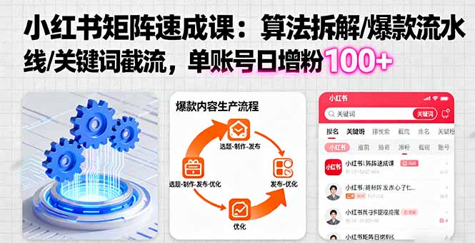 小红书矩阵起号速成课：算法拆解/爆款流水线/关键词截流 单账号日增粉100+-铜臭网