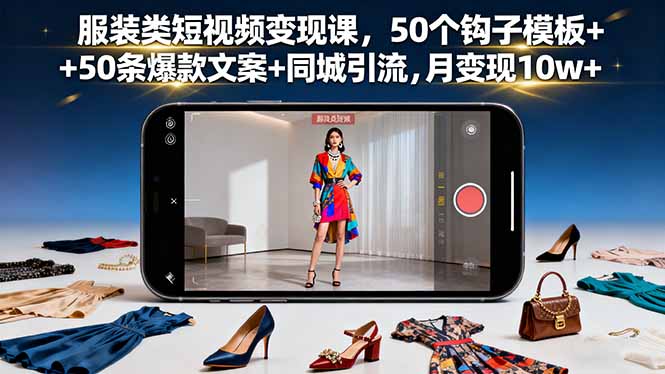 服装类短视频变现课，50个钩子模板+50条爆款文案+同城引流，月变现10w+-铜臭网
