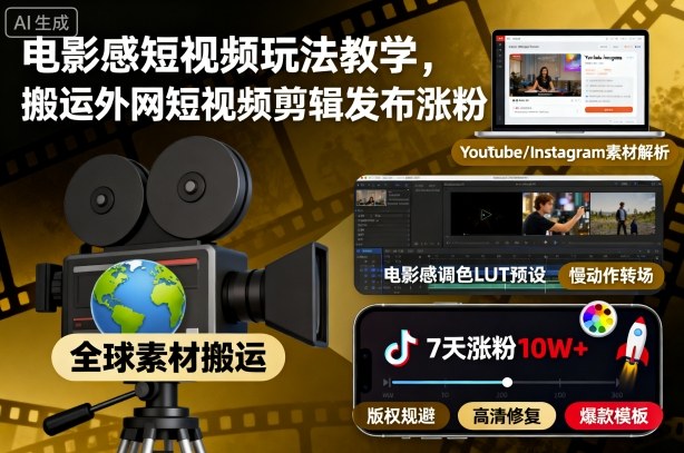 电影感短视频玩法教学，搬运外网短视频剪辑发布涨粉-铜臭网